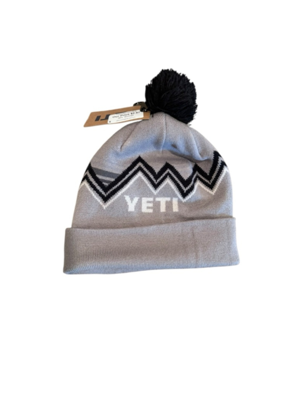 Men's YETI Beanie Osfm Gray Black Pom Pom Hat